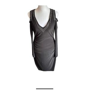 Cache‎ Black Rhinestone Cold Shoulder Ruched Long Sleeve Cocktail Dress